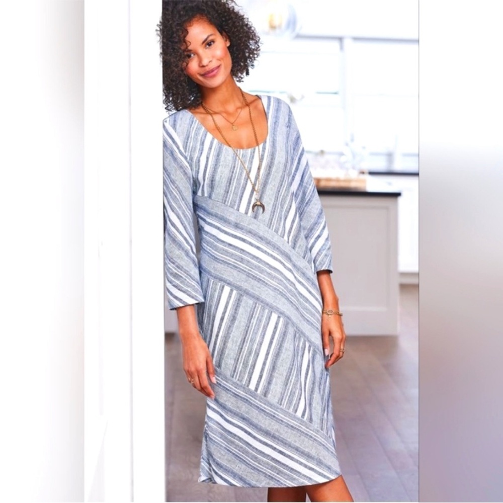 Soft Surroundings Dress Sonya Linen Blend White Blue Stripe Knee Length Size L